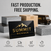 Packaged Summit membership cards beside a shipping box and UPS truck, highlighting 2–4-day production and available delivery services.