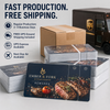 Packaged steakhouse loyalty cards beside a shipping box and UPS truck, highlighting 2–4-day production and shipping options.