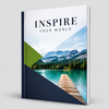 Upright custom booklet featuring an “Inspire Your World” cover with a turquoise mountain lake, wooden dock, and geometric accents.