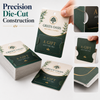 Green Oasis gift card holders shown in a stack, held by hand, and in close-ups of the card slits and cut edges
