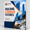 Custom construction display board featuring modern buildings, project photography, blue and orange branding, and the headline “Building Stronger Futures.”