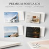 Assorted premium postcards for architecture, home fragrance, resorts, and event invitations with mailing-side layouts.