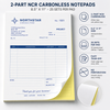 Close up of sequential red numbering on compact half page carbonless receipt pad
