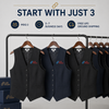 Custom embroidered dress vests displayed on hangers for a minimum order of three pieces.