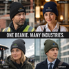 Custom embroidered Night Watch beanies worn by professionals in construction, hospitality, events, and corporate settings.