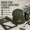 Olive green embroidered beanie displayed with branded materials for employee apparel and cold-weather events.