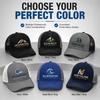 Six custom embroidered meshback caps displayed in professional black, gray, blue, navy, and white combinations