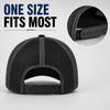 Rear view of a breathable meshback trucker cap with an adjustable plastic snapback closure.