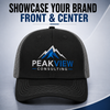 Front view of a black meshback cap with centered blue and white Peakview Consulting embroidery.