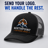 Black and gray meshback cap with custom Northpoint Outdoor Gear embroidery in orange, white, and blue.