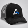 Black and gray colorblocked meshback cap with blue and white custom embroidered logo.