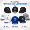 Custom embroidered organic cotton caps displayed in seven professional color combinations.