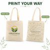 Natural cotton tote bags demonstrating full-color front-only and both-sides custom printing options.
