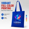Royal blue canvas tote bag featuring a vibrant full-color Lumina Arts design with photo-quality color and sharp details.