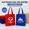 Red and royal blue custom tote bags with printed organization logos, promoting full-color printing and fast production.