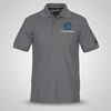 Men’s CoolStride performance polo shirt with moisture-wicking polyester fabric, rib-knit collar, three-button placket, side vents, and custom embroidered logo on the left chest.