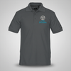 Men’s CoolStride performance polo shirt with moisture-wicking polyester fabric, rib-knit collar, three-button placket, side vents, and custom embroidered logo on the left chest.