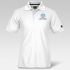 Men’s CoolStride performance polo shirt with moisture-wicking polyester fabric, rib-knit collar, three-button placket, side vents, and custom embroidered logo on the left chest.