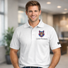 Men’s performance polo shirt with moisture-wicking polyester fabric, ribbed collar, three-button placket, and vibrant full-color printed logo on the chest.