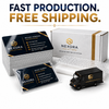 Gloss laminated business cards printed in full color on thick 18pt cardstock with vibrant finish and optional rounded corners.