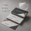 Black, white, and taupe soft-touch business cards highlighting scratch resistance, smudge resistance, and lasting finish