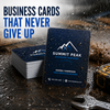 Waterproof synthetic business cards printed on durable 16pt tear-resistant stock designed to withstand moisture and heavy use.