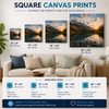 Premium custom canvas wall art featuring a stunning mountain lake landscape with snow-capped peaks and golden sunset reflections. Displayed in a luxury light gray studio background with a clean, modern, minimalist style. High-quality gallery-wrapped canvas print with realistic texture, elegant presentation, and professional home or office décor appeal.