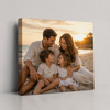 Premium custom canvas wall art featuring a stunning mountain lake landscape with snow-capped peaks and golden sunset reflections. Displayed in a luxury light gray studio background with a clean, modern, minimalist style. High-quality gallery-wrapped canvas print with realistic texture, elegant presentation, and professional home or office décor appeal.