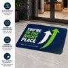 Custom printed floor decal with slip-resistant vinyl surface available in rounded rectangle, square, and circle shapes for indoor and outdoor business branding, promotional graphics, logos, and floor signage.
