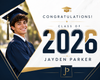 Custom Graduation Yard Sign with personalized photo, name, and school details. High-quality weatherproof Class of 2026 lawn sign perfect for graduation parties and outdoor celebrations.