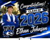 Custom Graduation Yard Sign with personalized photo, name, and school details. High-quality weatherproof Class of 2026 lawn sign perfect for graduation parties and outdoor celebrations.