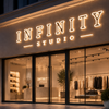 Vibrant face lit neon illumination on stainless steel channel letters at night