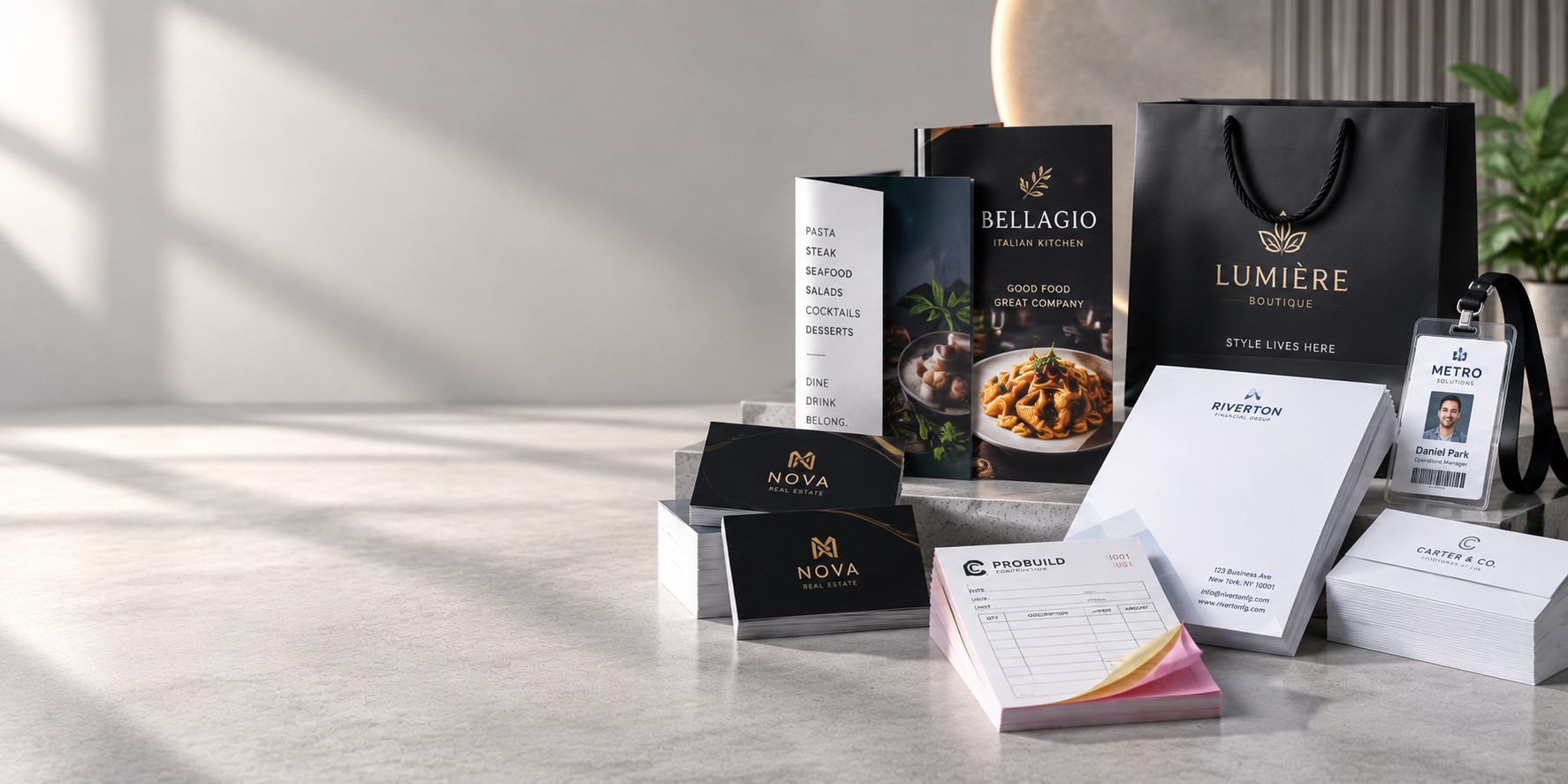 Professional business printing including business cards, stationery, restaurant menus, packaging, and ID badges