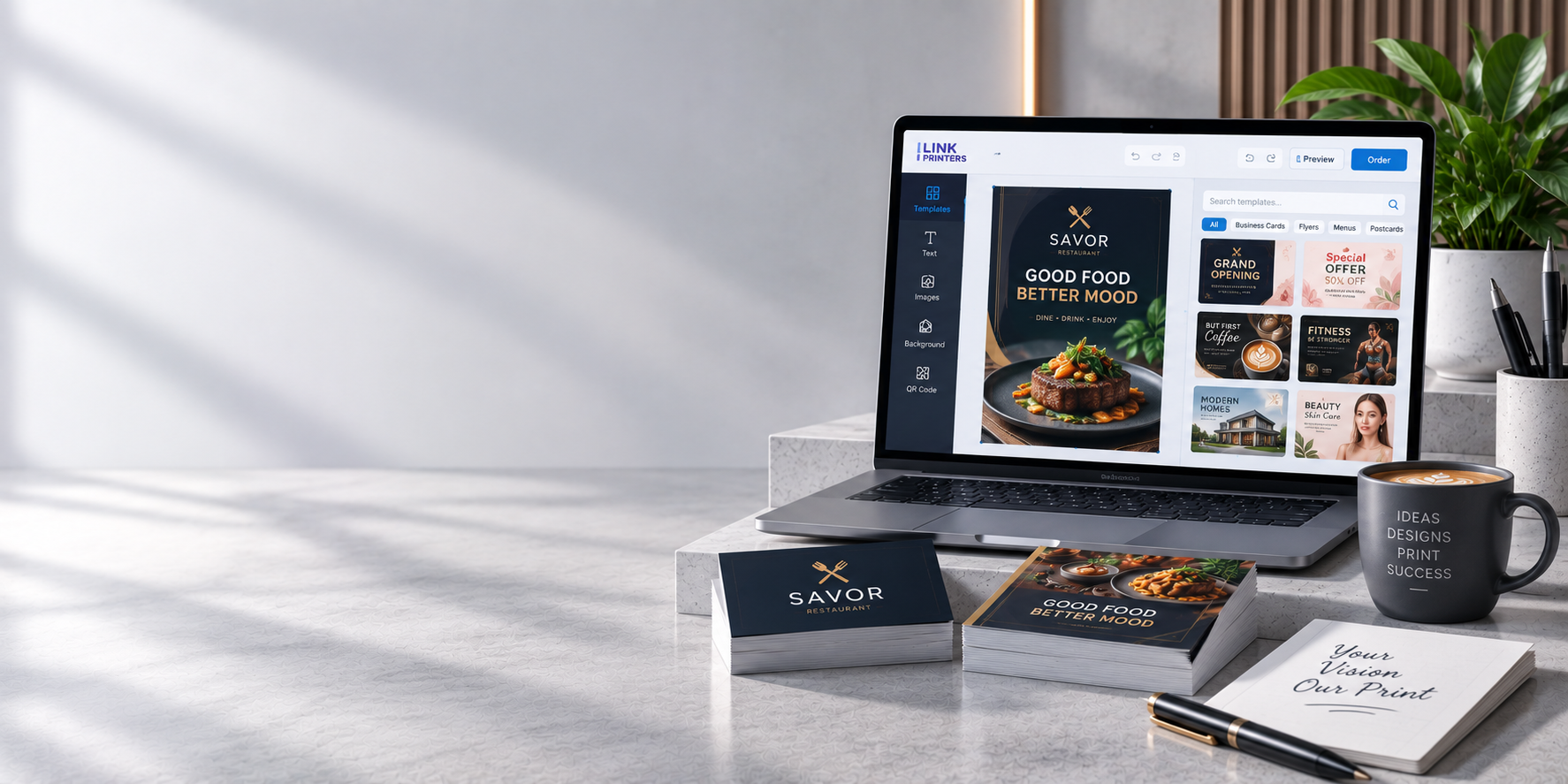 Online design tool for creating and customizing professional print products with templates and live preview