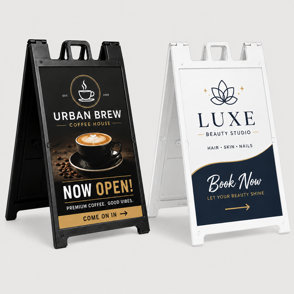 Custom double-sided black A-Frame sidewalk sign with 24x36 printed outdoor graphic