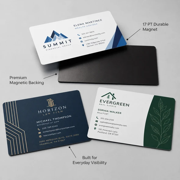 Assorted custom business card magnets with durable magnetic backing and full-color printing