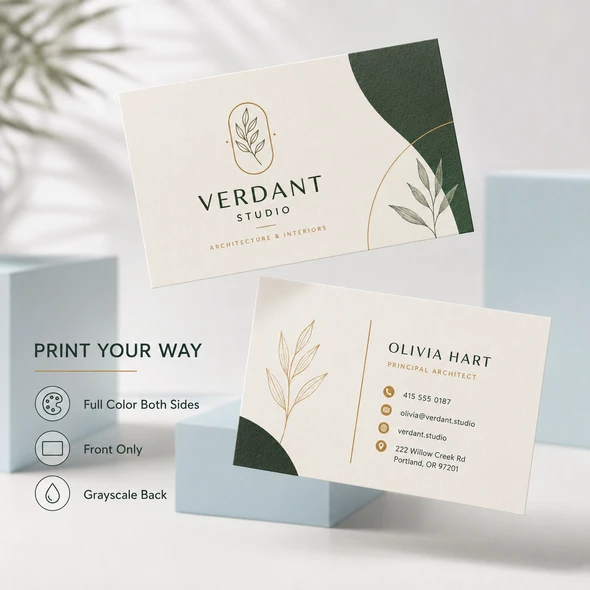 Front and back of custom business cards demonstrating full-color and grayscale printing options