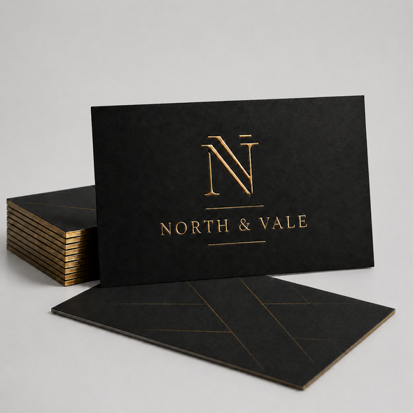 Black luxury business cards with raised gold foil North & Vale logo and matching gold-edged stack