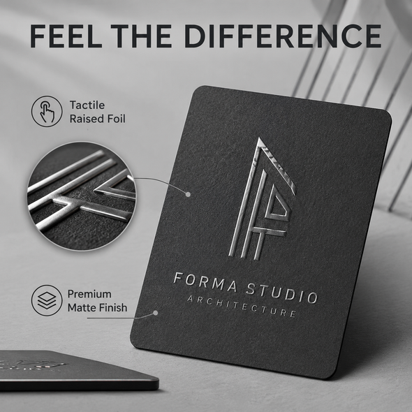 Black rounded-corner business card showing tactile silver raised foil and a premium matte finish