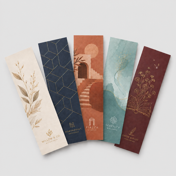Five custom premium bookmarks with botanical, geometric, architectural, watercolor, and literary designs arranged on a white background.