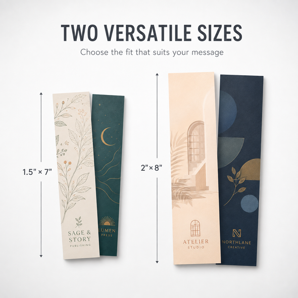 Custom premium bookmarks comparing the 1.5 × 7-inch and 2 × 8-inch size options with botanical, celestial, architectural, and geometric designs.