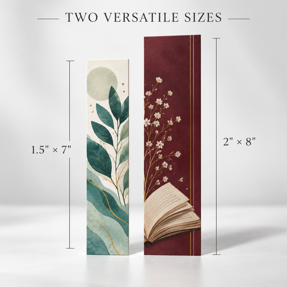 Two premium bookmarks comparing the 1.5 × 7-inch and 2 × 8-inch size options.
