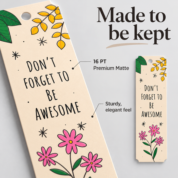 Close-up of a floral luxury bookmark printed on sturdy 16 PT Premium Matte cardstock