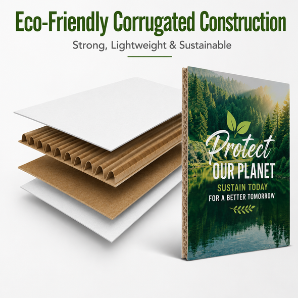 Recycled corrugated cardboard layers beside a custom printed environmental sign promoting sustainability.