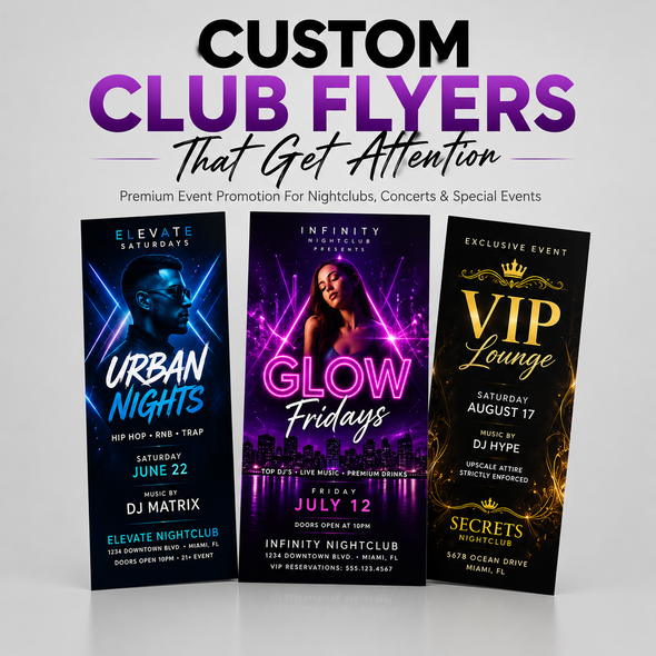Three custom club flyers advertising Urban Nights, Glow Fridays, and a VIP Lounge event in vibrant blue, purple, and gold designs.