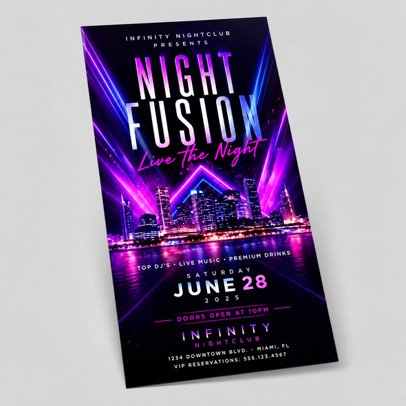 Custom Night Fusion club flyer featuring a neon purple city skyline, event date, nightclub details, and VIP reservation information.