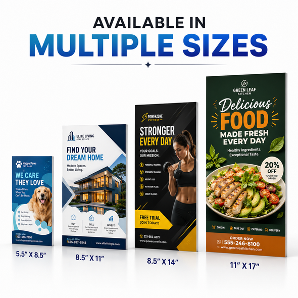 Four custom flyers in 5.5" × 8.5", 8.5" × 11", 8.5" × 14", and 11" × 17" sizes with pet care, real estate, fitness, and restaurant designs.