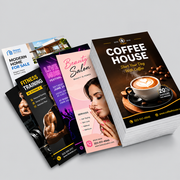 Stacks of full-color custom flyers featuring coffee shop, beauty salon, fitness, music festival, and real estate designs.