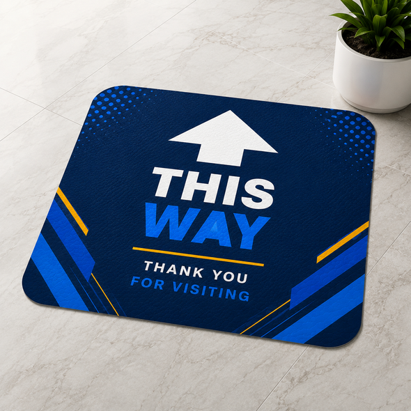 Custom printed floor decal with slip-resistant vinyl surface available in rounded rectangle, square, and circle shapes for indoor and outdoor business branding, promotional graphics, logos, and floor signage.