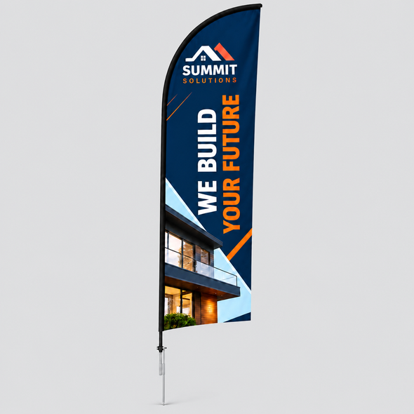 Blue Summit Solutions feather flag banner with white and orange branding displayed on a slim outdoor pole.